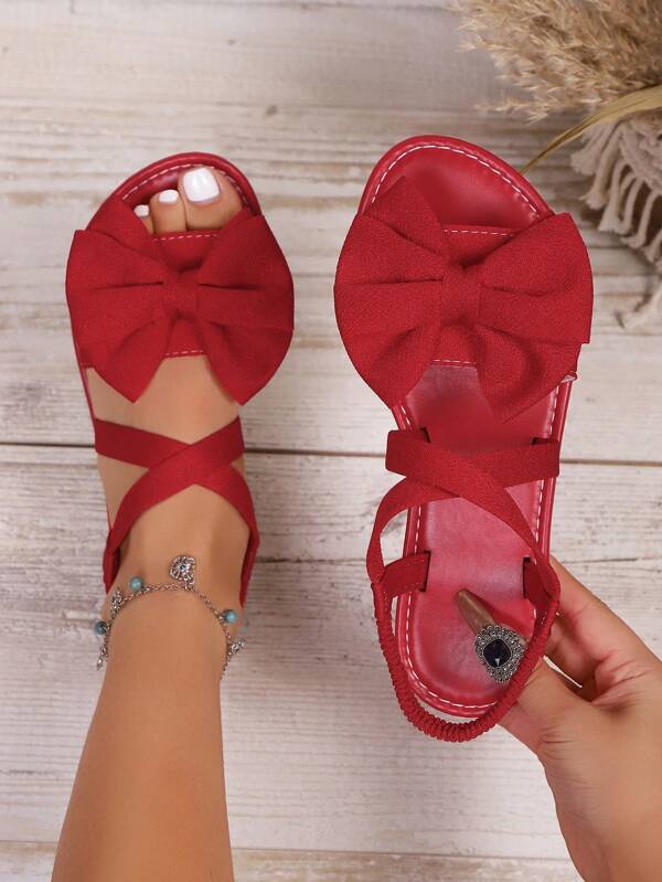 1 Pair Bowknot Boho Woven Fabric Flat Sandals, Fashionable Sexy Casual Shoes For Beach, Home, Party, Office, Beach Wedding, Holiday, Summer