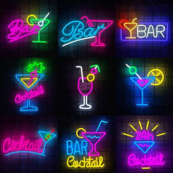 Cartel de neón para cóctel, señal de neón LED para vaso de cóctel, diseño de tema de bar vibrante, para bar en casa, discoteca, bistró, fiesta, club, bar de cerveza, bar de cócteles y decoración de cueva de hombres, alimentado por USB y reutilizable, con cadena de metal, fácil de instalar.