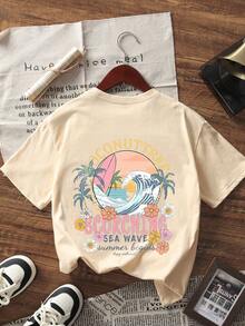 1pc Tropical Print Short Sleeve Tee For Tween Girls, Comfortable & Fashionable Summer Top For Young Students - Apricot - View 3