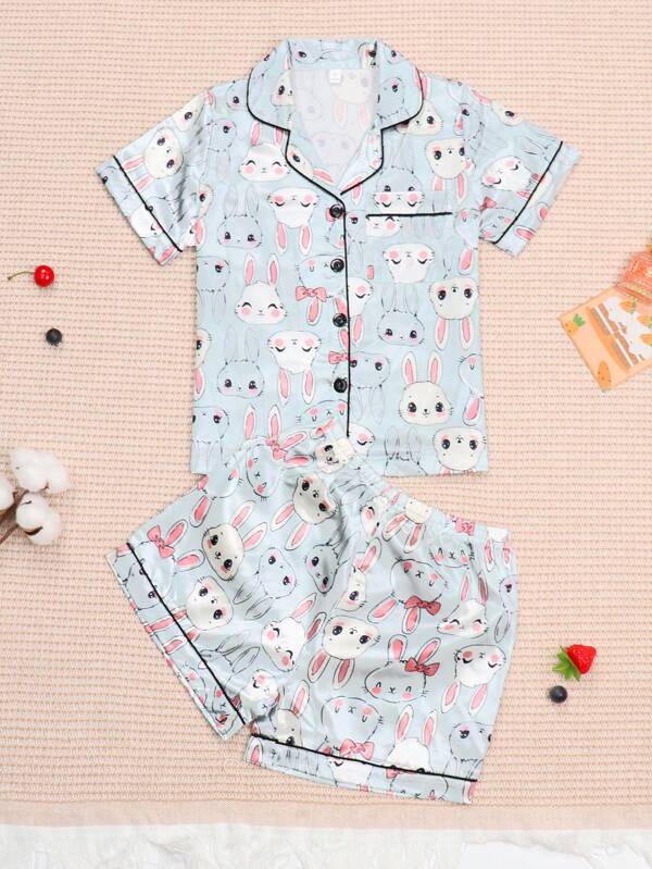 Set de 2 piezas de pijama de niña con estampado de conejo, cuello vuelto, botones y manga corta, short - Ropa de casa cómoda y casual