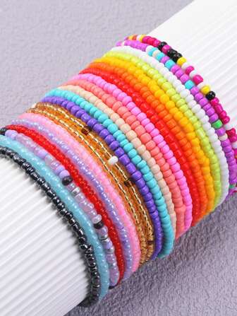 1/20/5 Pcs Bohemian Style Rice Bead Anklet Summer Beach Vibe, Ideal Gift For Mother's Day, School Opening Season, Graduation Season, Halloween, Christmas, Beach & Ocean Themed Occasions, And As A Present For Friends, Rich In Colors, Shipped With Random Beautiful Hues.
