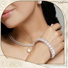 Glenmal Pearl Rhinestone Jewelry Set For Women Pearl Necklace Bracelet Earrings For Wedding Birthday Bridal Shower Tea Party - Delicate Style - 查看 4