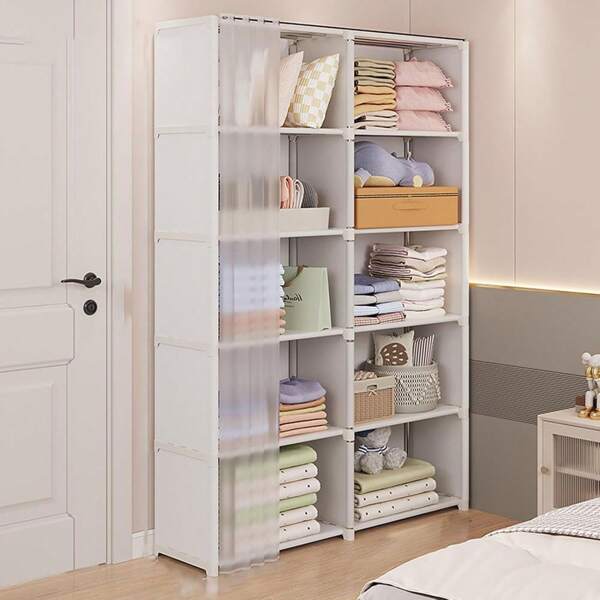 Portable Closet Wardrobe Organizer With Dust Proof Curtains - Heavy Duty Steel Frame Freestanding Clothing Rack, Spacious Fabric Covered Cabinet For Clothes Storage, Space Saving Bedroom Dorm Apartment Organizer, No Assembly Required Garment Shelf For Jackets Dresses Coats, Large Capacity Collapsible Storage Solution For Small Rooms