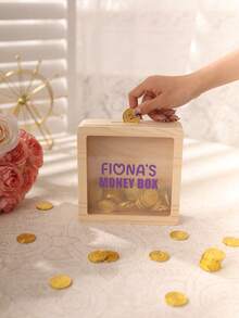 1 pieza Hucha de madera personalizada, con nombre y logotipo personalizables, 2 opciones de tamaño, 50 patrones de dibujos animados, adecuada para decoración de boda, Día de San Valentín, decoración de dormitorio, decoración del hogar, aniversario, decoración de habitación, caja de almacenamiento, regalo de cumpleaños - Color albaricoque de la madera - Ver 3