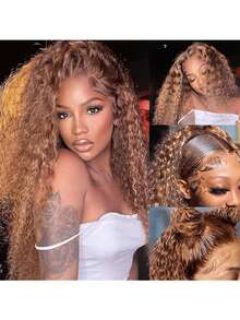 28 英寸蜂蜜金色渐变挑染真人发蕾丝前假发 13x4 透明蕾丝，深水波，180% 密度预拔婴儿头发，适合女士