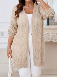 Casual Long Sleeve Solid Pointelle Knitted Cardigan - Button Front - Women's Clothing