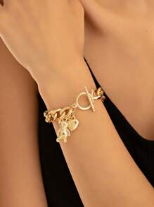 1 pieza Pulsera con colgante de oso y corazón con broche tipo OT, apta para uso diario, regalo de amigo, regalo festivo