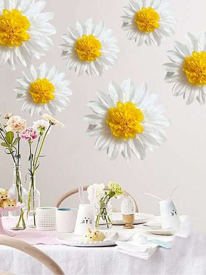 6pcs Daisy Paper Pompom Decorations, White & Yellow Flower Hanging Decor Suitable For Birthday, Wedding, Party, Classroom