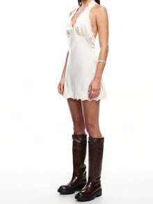 Women Mini Dress Sleeveless Halter Dress Backless Lace Trim Summer Party Dress For Club Bar - 白色 - 查看 4