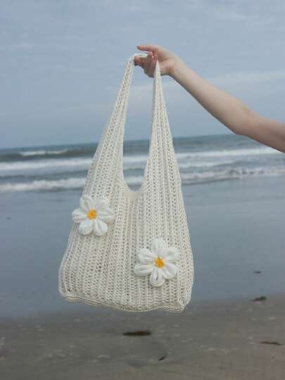 Borsa a rete da spiaggia in maglia a uncinetto per donna, con design traforato, due motivi floreali, capiente come borsa hobo. Perfetta per la vacanza estiva in spiaggia, con funzione anti-sabbia, adatta anche per uso quotidiano come borsa della spesa, ottima per attività all'aperto, viaggi e per tornare a scuola per studenti di college e liceo.