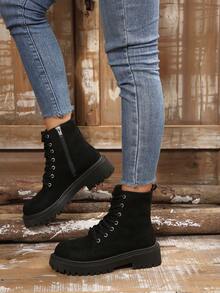 侧拉链靴，天鹅绒短款系带摩托车靴，时尚优雅女士秋冬新款拼接设计粗跟踝靴和短靴，女士靴子 - 黑色 - 查看 5