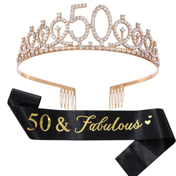 1 Set goldener Geburtstagsparty Krone Set, modisches Legierungs-Nummern-Stirnband, Geburtstag Schärpe Anzug, Ball-Kopfschmuck für Geburtstage für Mädchen, 50./30./18.