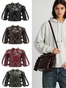 维京盔甲单肩包 - 中世纪 Y2K 美学斜挎包，独特的盾形男士手提包，哥特朋克配饰，万圣节角色扮演/狂欢节/街头时尚 - 彩色 - 查看 2