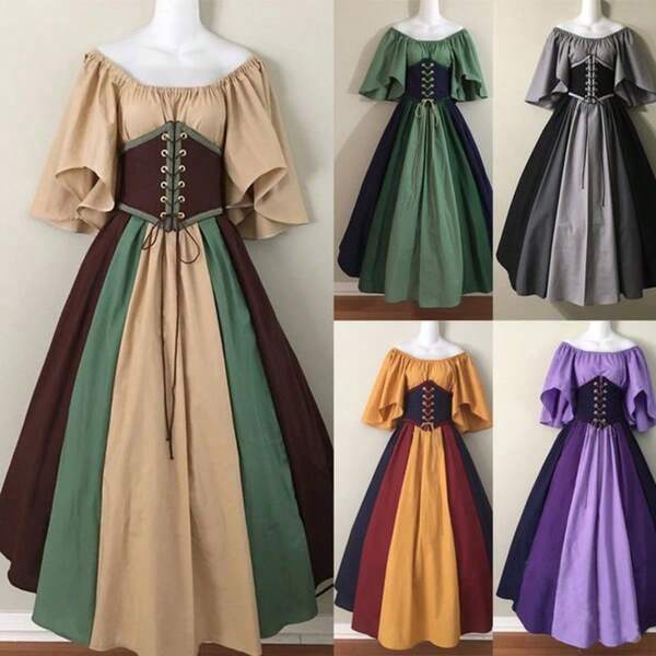 European And American Medieval Retro Contrasting Slim Fit Skirt With Flying Sleeves, Large Swing Skirt, One Shoulder Dress, Women's Cosplay Performance