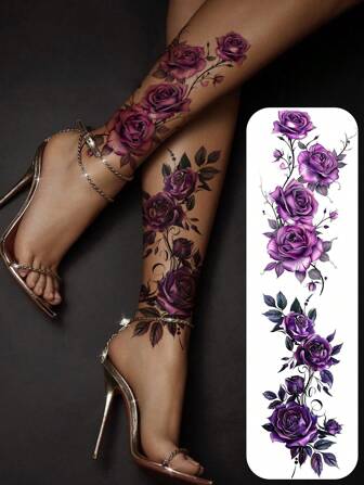 2 st sexiga lila blommor tillfälliga tatueringar, realistiska vattentäta falska tatueringsklistermärken för kvinnor, kroppskonstdekaler för arm, ben, bröst