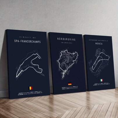 Set de 3 tablouri pe pânză cu hartă modernă a circuitelor de curse - ramă opțională, design minimalist alb-negru cu piste F1 și motto italian, perfect pentru decorul dormitorului, decorul camerei de zi, decorul biroului de acasă, decorul de perete al cafenelei, al barului, decorul mașinii, artă murală cu ramă