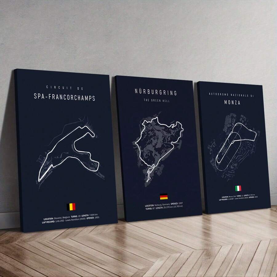 Bộ 3 tranh vải canvas bản đồ đường đua hiện đại - Khung tùy chọn, Thiết kế đen trắng tối giản với đường đua F1 và khẩu hiệu của Ý, Hoàn hảo cho trang trí phòng ngủ, trang trí phòng khách, trang trí văn phòng tại nhà, trang trí tường quán cà phê, quán bar, trang trí ô tô, nghệ thuật treo tường có khung - Nhiều màu - Xem 1