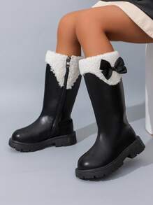 5-18 Years Old Girls Winter Vintage British Style Bowknot Thermal Lined Riding Boots, Fashionable Classic Soft Comfortable Leather Children Boots For Outdoor, Anti-Slip Durable Round Toe Kids Long Tube Boots, Spring/Autumn Easy On/Off Girls Rubber Boots 2025 New Black Matte Tall Boots