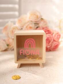 1 pieza Hucha de madera personalizada, con nombre y logotipo personalizables, 2 opciones de tamaño, 50 patrones de dibujos animados, adecuada para decoración de boda, Día de San Valentín, decoración de dormitorio, decoración del hogar, aniversario, decoración de habitación, caja de almacenamiento, regalo de cumpleaños - Color albaricoque de la madera - Ver 11