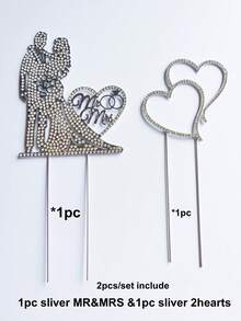 1pc/2pcs Gold & Silver Mr & Mrs Wedding Heart Cake Topper, Metal Crystal Cake Decoration For Wedding, Valentine's Day, Anniversary, Party - Multicolor - View 10