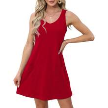 OFEEFAN Womens Summer Dresses 2025 V Neck Sleeveless Sundresses With Pockets Beach Vacation Clothes Floral/Plain - B Plain Red - 查看 3