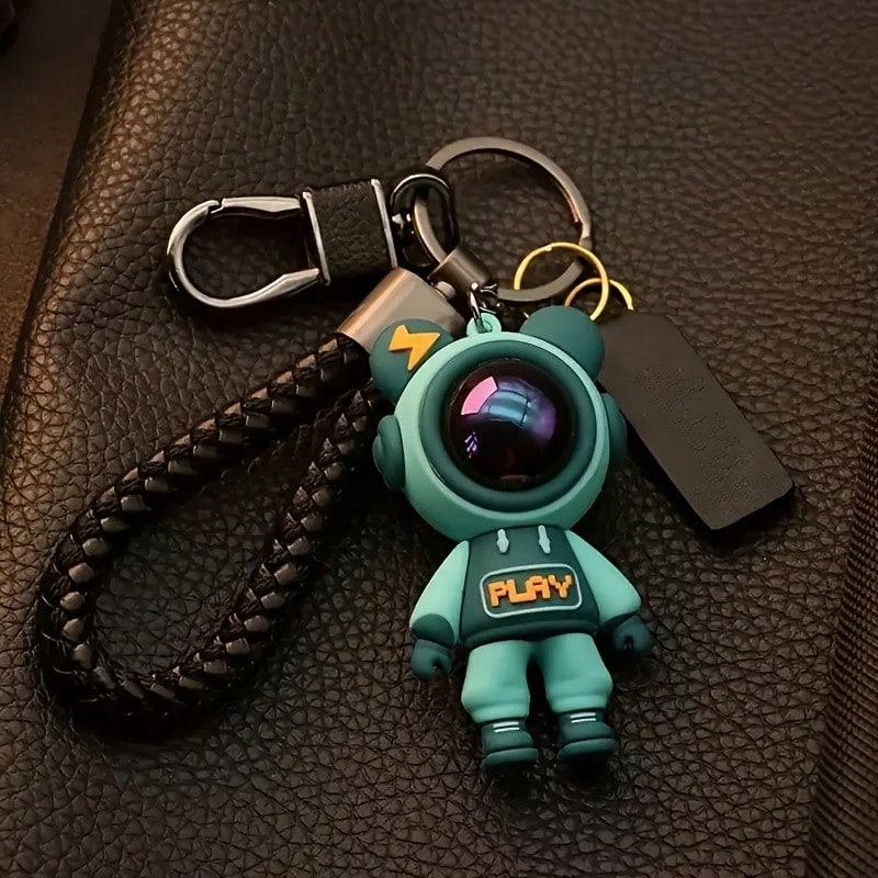 1pc Cute Astronaut Keychain For Couples - Lightning & Cartoon Design Silicone Key Ring With Zinc Alloy Playful Keychain, Red Helmet & Black Strap, Durable Car Keys Bag Party Gift Accessory - Green - View 1