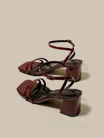 女士勃艮第高跟凉鞋，交叉带露趾系带粗跟鞋，夏季鞋