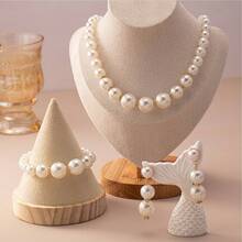 3 Stücke/Set Halskette, Armband und Ring Schmuckset mit weißen Perlen und Herzanhänger, elegant für Mädchen zum Tragen auf Banketten und Partys - Herz Schmuckset - Übersicht 2