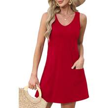 OFEEFAN Womens Summer Dresses 2025 V Neck Sleeveless Sundresses With Pockets Beach Vacation Clothes Floral/Plain - B Plain Red - 查看 2