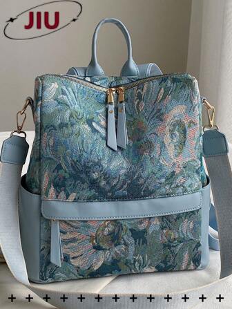 Anti-Theft Oil Painting Pattern Vintage Nylon Backpack Women Purse, Multi-Functional Stylish Day Bag, Multi-Pocket Lightweight Travel Bag, Large Capacity Simple School Bag, Convenient Book Bag, Suitable For Students, Nurses, Teachers, Business People, Travel And Vacation, Business Trips, Daily Commuting, Shopping, Office, Dating, Hiking, Training, Work, Birthday Gifts, Holiday Gifts, Mochilas