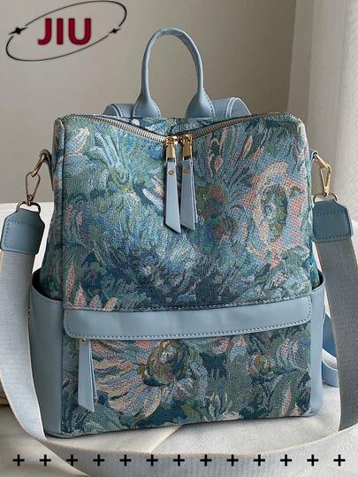 女士防盗油画图案复古尼龙双肩包，多功能时尚日常包，多口袋轻便旅行包，大容量简约书包，方便实用，适合学生、护士、教师、商务人士、旅行、通勤、购物、办公、约会、徒步、训练、工作等各种场合，也是生日礼物和节日礼物的理想之选。