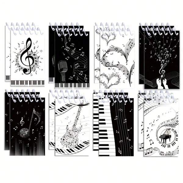 8pcs/Set Music-Themed Mini Notebooks - Spiral-Bound Memo Pads With Musical Notes, Guitar, Piano And Saxophone Designs, Portable Mini Notebook For Students