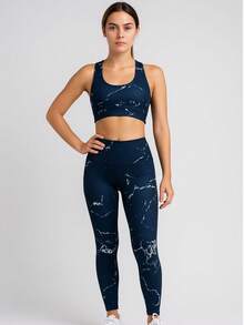 Women's Gym Set With Printed Leggings And Top - Hải quân và Trắng - Xem 1