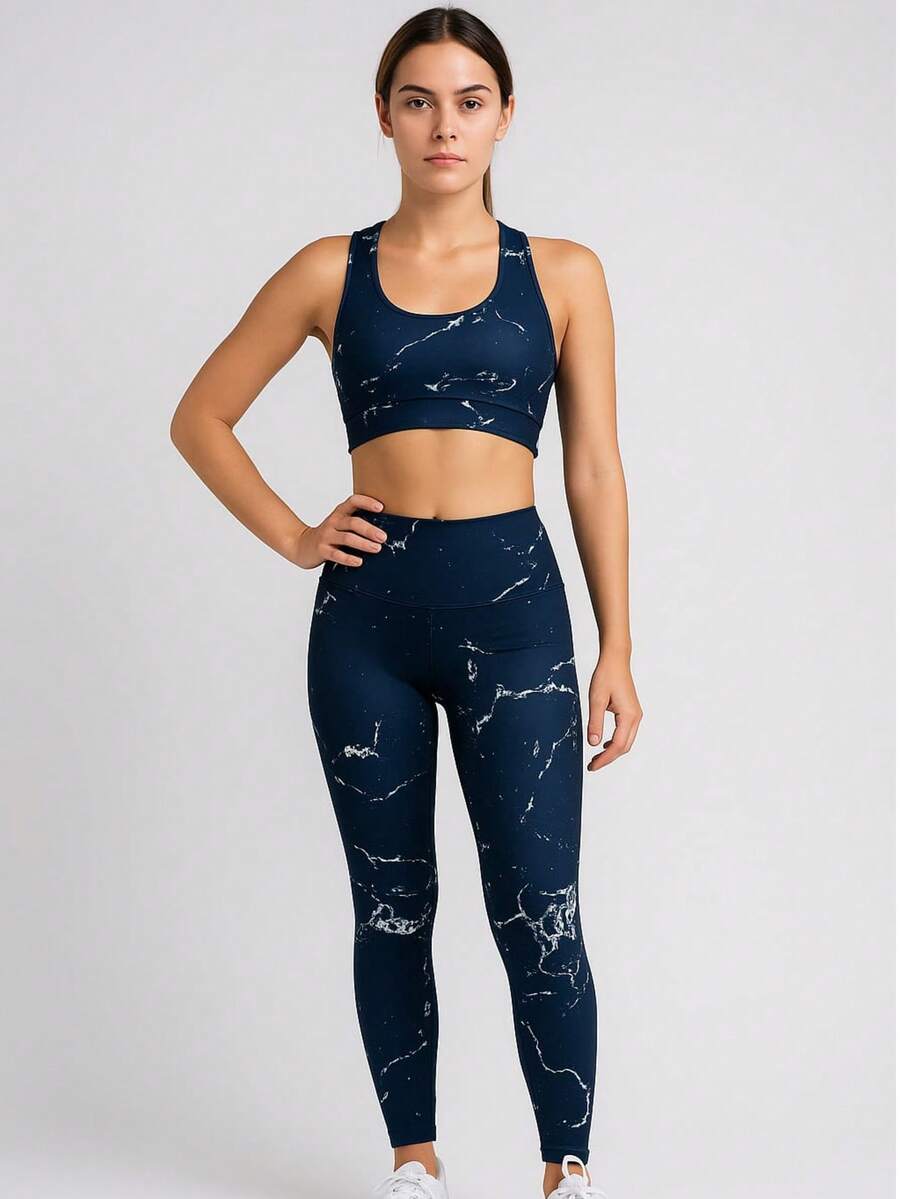 Women's Gym Set With Printed Leggings And Top - Hải quân và Trắng - Xem 1