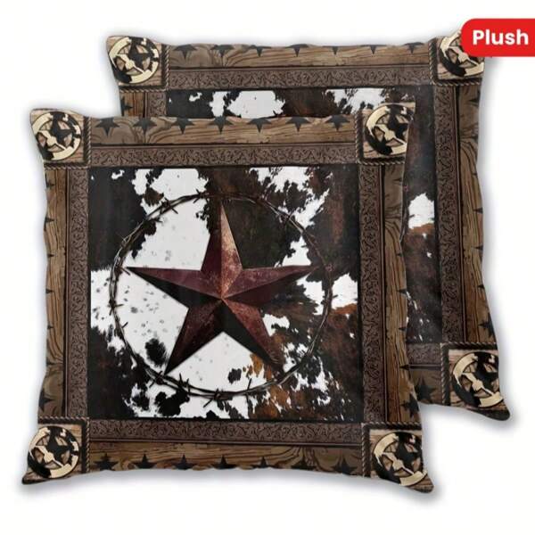 1PC Vintage Western Farm Animal Skin Decor Short Plush Throw Pillow Covers, Brown Star Print, Zipper Closure, Bedroom Decor, Woven Polyester, 18x18 Inches No Pillow Core