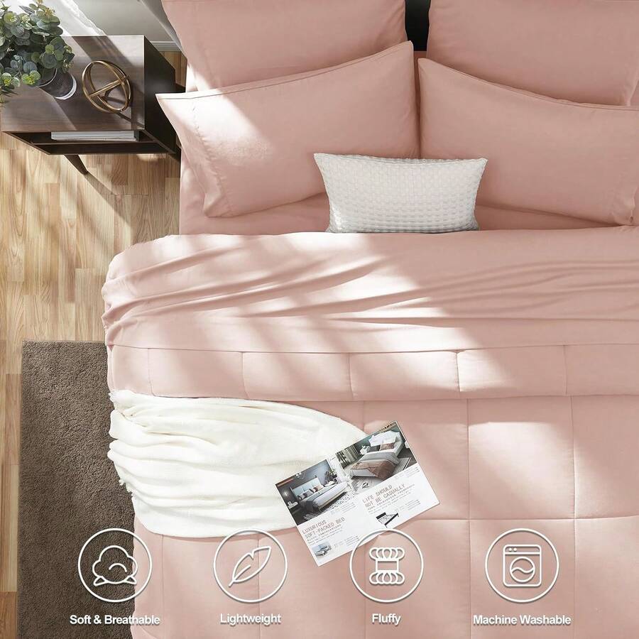 Pink Comforter Set Queen - 7 Pieces Bed In A Bag Toddler Girls Comforter Set Teen Girl Bedding Sets With All Season Quilted Comforter, Flat Sheet, Fitted Sheet, Pillowcases, Blush Pink - 粉色 - 查看 1