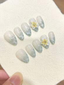 10PCS Green Handmade Press On Nails Short Almond And Oval Purely Hand-Wear Nails, Summer Nailssupplies, Glitter French Handmade Flower Cat Eye Nails Home DIY Nail Design Full Coverage Fake Nail Tips Artifical Fingernails For Women And Girls Manicure Supplies Office Daily Wear False Nails
