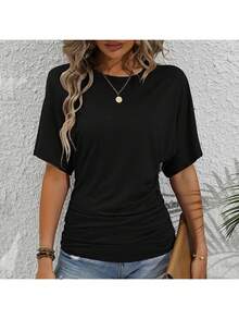 Women's Slim-Fit Ruched Short Sleeve T-Shirt Crewneck Casual Fitted Top - Black - View 5