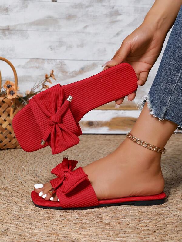 Sandales pour femmes en tissu tissé noir pour plage et villégiature, décorées d'un nœud, plates, grandes tailles, chaussures confortables et pour l'été, la plage et les tenues casual