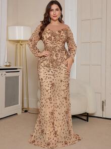 hezixi Plus Size Women's Spring/Summer Elastic Sequin , Very Comfortable To Wear, Suitable For Different Body Wear, With A Perspective Round Neck Long Sleeved Slim Fit Fishtail Hem Prom Dress,Suitable For Various Parties, Graduations, Weddings, Events - Champagne - View 2