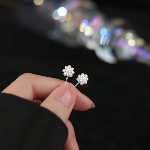1 Pair S925 Sterling Silver Mini Pearl Bubble Flower Stud Earrings, Suitable For Students, Women, Mother's Day Gift And Daily Wear