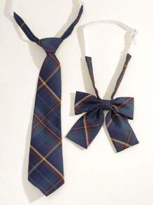 2 Stücke Schüler Karo Uniform Schuluniform Fliegen-Schleife Set, Schulanfang