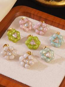 1pc Vintage Romantic Style Colorful Drop Oil Craft Embedded Heart-Shaped Glass Decor Flower Stainless Steel Earrings, Suitable For Women's Daily Wear