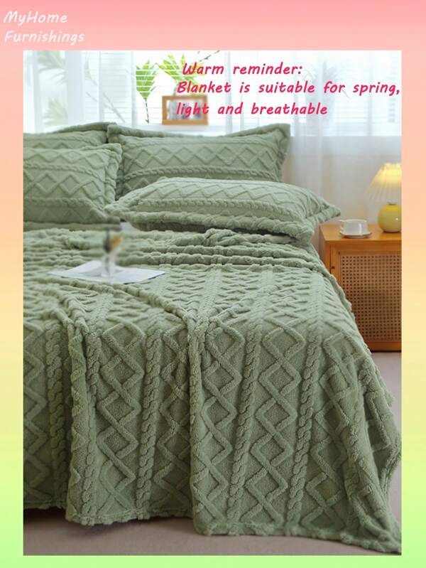 1 peça de cobertor de lã de poliéster de alta qualidade branco leitoso/verde/azul cinza/rosa/cáqui com padrão geométrico quadrado listrado de diamante, macio e confortável para quarto, sala de estar, acampamento ao ar livre, piquenique, viagem