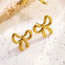 4pcs Stainless Steel Gold Plated Princess Bow Jewelry Set - Necklace, Bracelet, Earrings 3-Piece Set, Elegant & Versatile Accessories Suitable For Women Daily Commute Wear