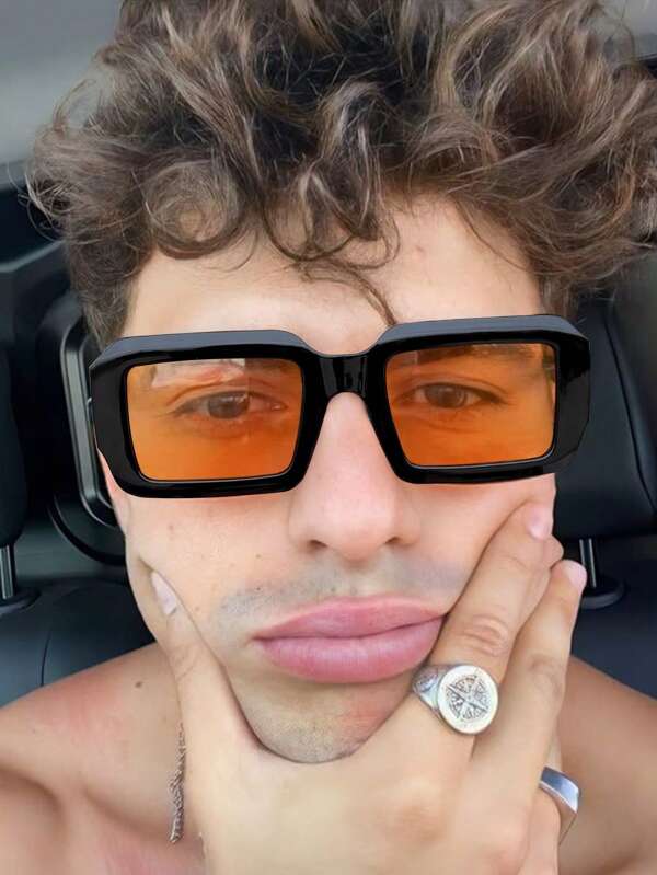 1 pieza Gafas de moda cuadradas naranjas de para hombres, gafas de vestir negras para hombre, accesorios Y2K, vuelta al colegio, lentes de estilo, esenciales para vacaciones, adecuadas para fiestas en la playa/estilo de estar en casa/viajes/cuida