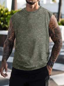 Camiseta de tirantes casual para hombre, desgastada y desteñida, para verano, outdoor, senderismo y playa, con estampado de letra y palmera