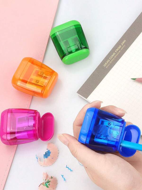 Set de 4 sacapuntas manuales - Diseño compacto y portátil de doble agujero, adecuado para niños, estudiantes, aula y oficina en el hogar (4 piezas, 1 de cada color aleatorio), suministros escolares, de vuelta a la escuela