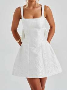 WOWDARK Summer Dress White Valentine's Day Outfit Women's Fashion Square Neck Bow A-Line Strap Dress, Elegant Ladies Dress Suitable For Valentine's Day, Dates, Gatherings, Parties, Travel, Vacation, Beach And Other Occasions - White - View 8