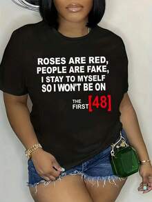 Women's Plus Size Roses Are Red Print Casual Crew Neck Short Sleeve T-Shirt, Comfortable Fashion Tee For Curvy Ladies - 黑色 - 查看 3